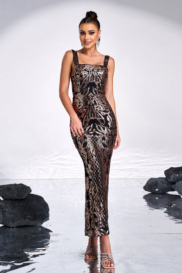 Black Golden Print Sequins Mermaid Square Neck Long Formal Dress